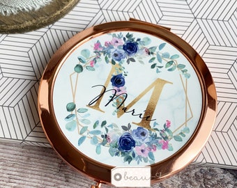 Personalised Initial and Name Floral Greenery Round Rose Gold Compact Mirror Wedding Bridesmaid Gift