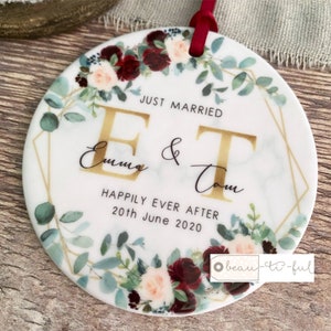 Personalised Just Married Names Mr & Mrs Wedding Geometric Burgundy Greenery Ceramic Round Decoration Ornament Keepsake