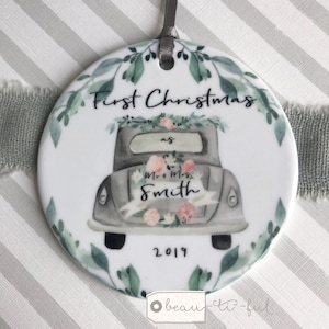 Personalised First Christmas Married as Mr & Mrs Wedding Car Ceramic Round Decoration Ornament Keepsake