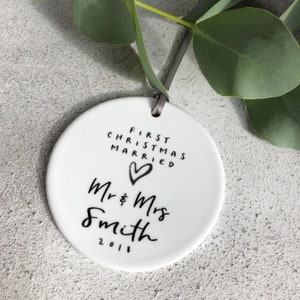 Personalised First Christmas Married Mr Mrs Wedding Monochrome Heart Ceramic Round Decoration Ornament Keepsake