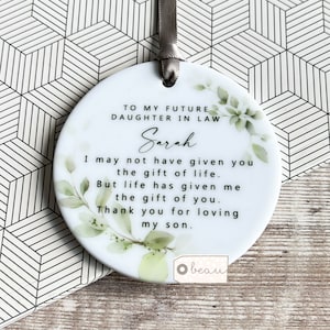 Personalised Future Wonderful Daughter Son in law Bride Thank you Quote Greenery ceramic Round Decoration Ornament Wedding Keepsake