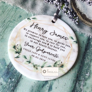 Personalised Godparents Godmother Godfather Promise to Godchild Christening Baptism Quote Geometric botanical Ceramic Ornament Keepsake