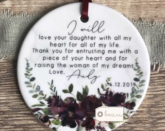 Personalised Mother of Groom Bride Thank you from Bride Groom Quote Burgundy Floral Ceramic Round Decoration Ornament Wedding Keepsake