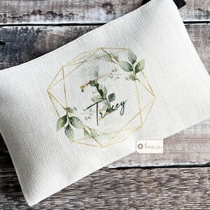 Personalised Name and Initial.. Eucalyptus Geometric Greenery Design Linen Style Make up Bag Mirror Mug Birthday Gift for Mum Friend Sister