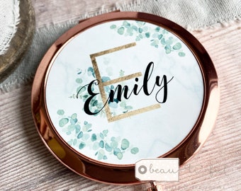 Personalised Initial and Name Eucalyptus Greenery Round Rose Gold Compact Mirror Wedding Bridesmaid Gift