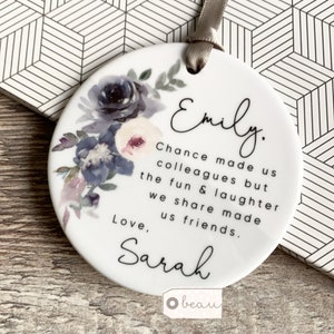 Personalised Chance made us colleagues Mauve Floral....Round Ceramic ... - Keepsake Decoration - Workmates Friendship Gift - Friends