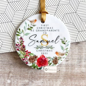 Personalised First Christmas As Grandparents Grandma Nana Grandpa Robin Wreath Ceramic or Acrylic Round Decoration Ornament Keepsake