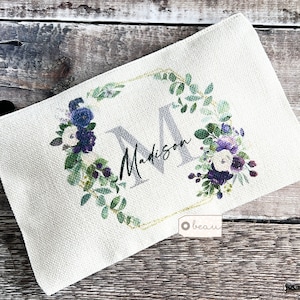 Personalised Name.. lilac Floral Greenery Design Linen Style Make up Bag Birthday Gift for Mum Friends Sister Aunt
