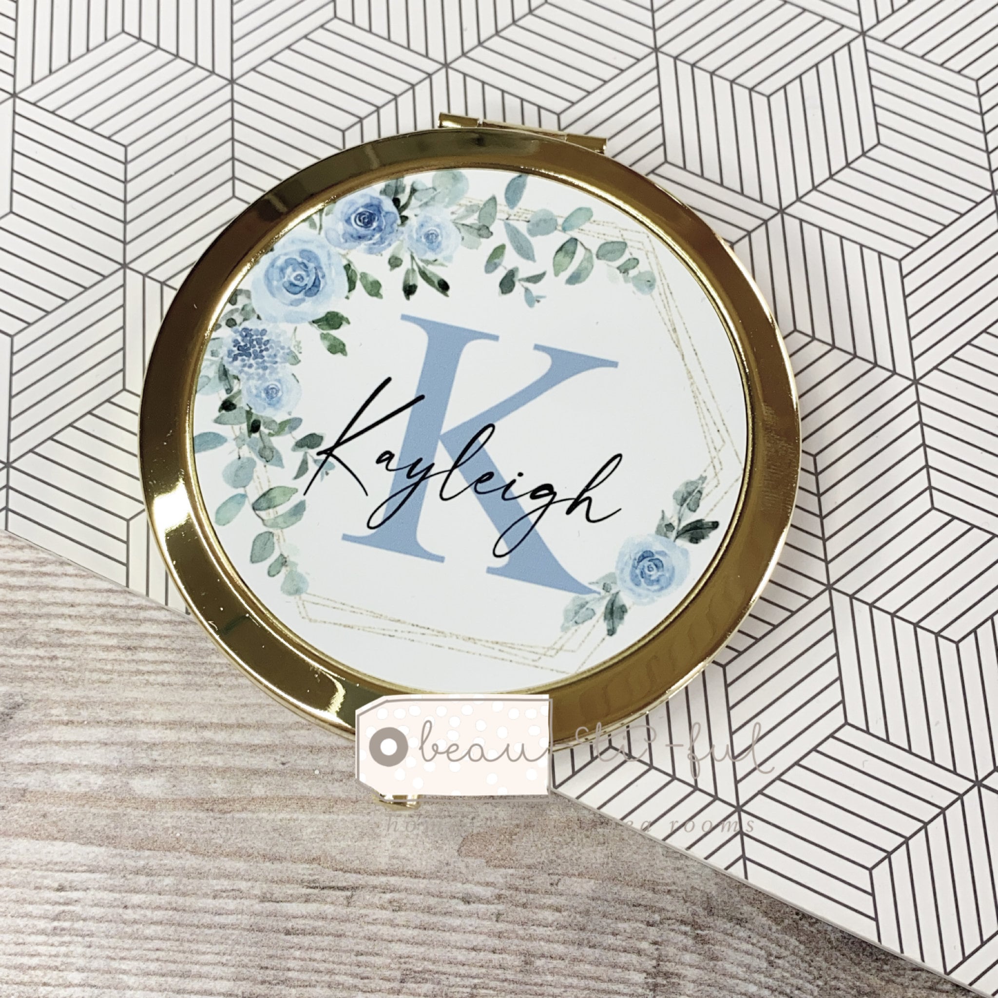 Personalised Initial and Name Pale blue Floral Greenery Round Gold Rose Gold Silver  Compact Mirror Wedding Bridesmaid Gift