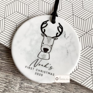 Personalised First Christmas Baby Girl Boy Reindeer Marble Style Ceramic Round Decoration Ornament Keepsake