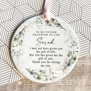 Personalised Future Daughter in law Bride Thank you Quote Pink Floral Greenery wreath ceramic Round Decoration Ornament Wedding Keepsake