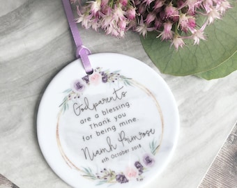 Personalised Godmother Godparents Godfather Are a blessing Thank you Decoration Botanical Ceramic Keepsake Decoration - Ornament