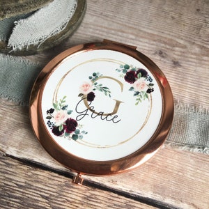 Personalised Name Burgundy Floral Round Rose Gold Compact Mirror Wedding Bridesmaid Gift