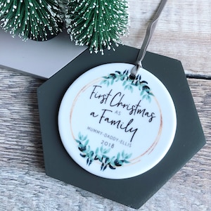 Personalised First Christmas as a Family Botanical Round Ceramic Tree Hanger Decoration Ornament