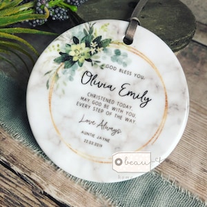 Personalised God Bless Christening Baptism Baby Girl Boy Quote Foliage Hoop Ceramic Round Decoration Ornament Keepsake