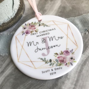 Personalised First Christmas Married Mr Mrs Wedding Pretty Floral Ceramic Round Decoration Ornament Keepsake