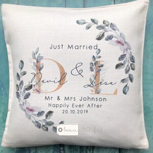 Personalised Just Married Initials Mr Mrs Wedding .. Floral Greenery Design Linen Style  Cushion decor cover