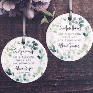 Personalised Godmother Godparent Godfather Thank you gift Botanical Ceramic or Acrylic Keepsake Decoration Ornament Christening Baptism gift