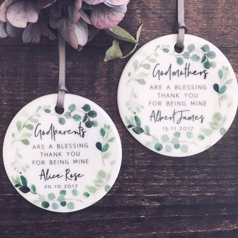 Personalised Godmother Godparents Godfather Thank you Decoration Botanical....Round Ceramic ... - Keepsake Decoration - Ornament 