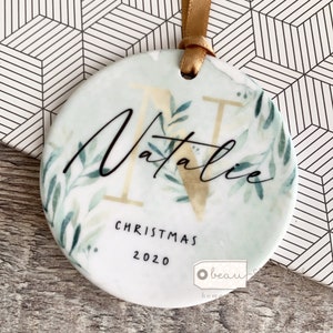 Personalised Name and Initial Christmas Eucalyptus Greenery Ceramic Round Decoration Ornament Keepsake
