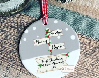 Personalised First Christmas as Grandparents Signpost ....Ceramic Round... Christmas Gift - Tree Decoration - Ornament