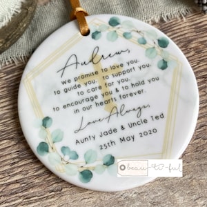 Personalised Godparents Godmother Godfather Promise to Godchild Christening Baptism Quote Geometric botanical Ceramic Ornament Keepsake