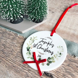 Personalised Baby’s First Christmas Decoration Botanical....Round Ceramic ... - Tree Decoration - Ornament