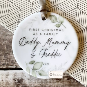 Personalised First Christmas As A Family Mummy Daddy Dad Mum Greenery Wreath Ceramic Round Decoration Ornament Keepsake