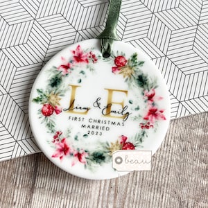 Personalised First Christmas Married Mr Mrs Wedding Gift Greenery wreath Ceramic or Acrylic Round Decoration Ornament Keepsake