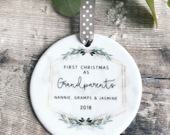 Personalised First Christmas as Grandparents Marble Style Quote Botanical Ceramic Round Decoration Ornament Keepsake