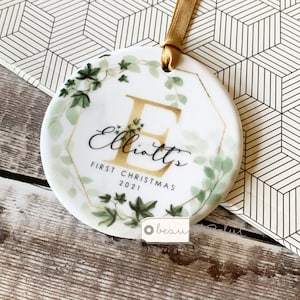 Personalised First Christmas Name Initial Baby Girl Boy Greenery Ivy Geometric Ceramic Round Decoration Ornament Keepsake