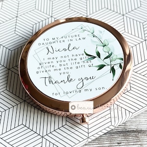 Citação de futura nora personalizada, nome, vegetação moderna, redondo, ouro rosa, prata, espelho compacto, casamento, presente de dama de honra