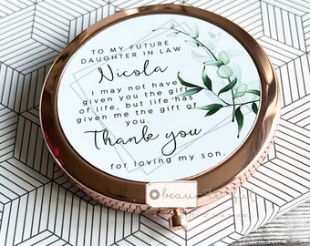 Personalised Future Daughter in law Quote Name Modern Greenery Round Rose Gold Silver Compact Mirror Wedding Bridesmaid Gift