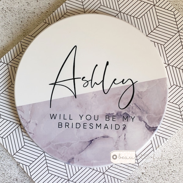 Personalised Will You be my bridesmaid maid of honour Marble style Ceramic Round Coaster proposal