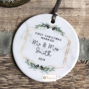 Personalised First Christmas Married Mr Mrs Wedding gift Marble Style Botanical Ceramic or Acrylic Round Decoration Ornament Keepsake