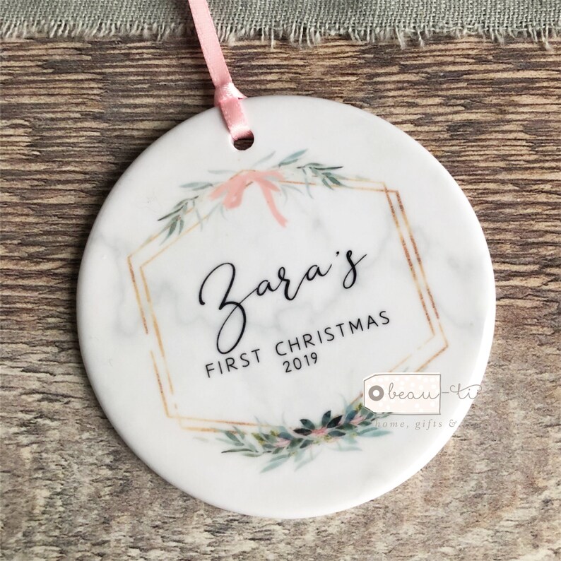 Personalised First Christmas gift Baby Girl Marble Style Botanical Ceramic or Acrylic Round Decoration Ornament Keepsake image 6