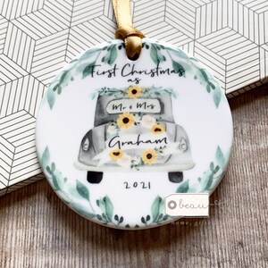 Personalised First Christmas Married as Mr & Mrs Sunflowers Wedding Car Ceramic Round Decoration Ornament Keepsake