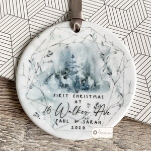 Personalised First Christmas New Home Address Deer Forest Ceramic Round Decoration Ornament Keepsake