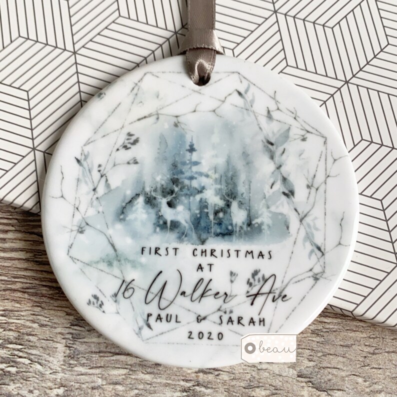 Personalised First Christmas New Home Address Deer Forest Ceramic Round Decoration Ornament Keepsake image 1