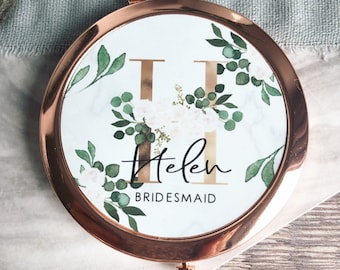 Personalised Initial and Name White Floral & Greenery Round Rose Gold Compact Mirror Wedding Bridesmaid Gift