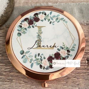 Personalised Initial and Name Geometric Burgundy Floral Greenery Round Rose Gold Compact Mirror Wedding Bridesmaid Gift