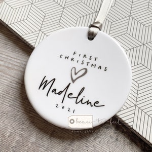 Personalised Baby Girl Boy First Christmas Monochrome Heart Ceramic Round Decoration Ornament Keepsake