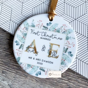 Personalised First Christmas Names Mr & Mrs Wedding Greenery Ceramic Round Decoration Ornament Keepsake