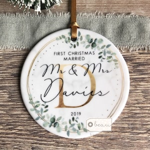 Personalised First Christmas Married as Mr & Mrs Wedding gift Eucalyptus Marble Style Ceramic or Acrylic Round Decoration Ornament Keepsake