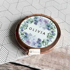 Personalised Name Lilac Floral Round Rose Gold Compact Mirror Wedding Bridesmaid Gift