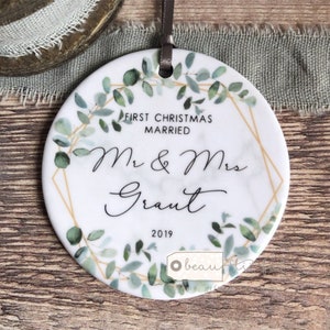 Personalised First Christmas Married as Mr & Mrs Wedding Geometric Greenery Ceramic Round Decoration Ornament Keepsake