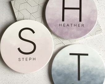 Personalised Name and Initial Watercolour Ombré style Ceramic Round Coaster