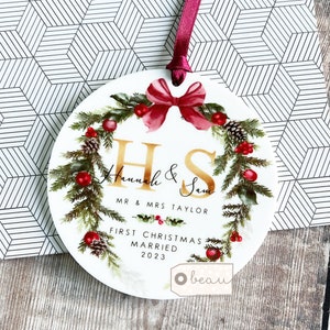 Personalised First Christmas Married Mr Mrs Wedding Gift Greenery wreath Ceramic or Acrylic Round Decoration Ornament Keepsake