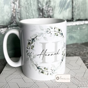 Personalised Name & Initial Mug with Greenery Foliage Eucalyptus Botanical Detail - Tea Coffee Mug - Friend gift