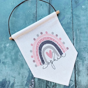 Personalised Name ... Pastel Pinks Rainbow Design Home Quote Linen Style Hanging Pennant Flag Banner Children’s bedroom Decor